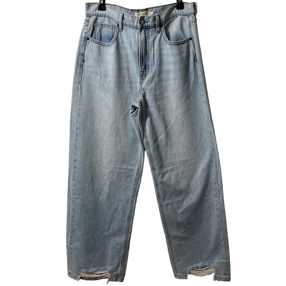 Hidden LA Alyx High Rise Wide Baggy Jeans Women's 28 Mid-light Wash Shredded Hem
